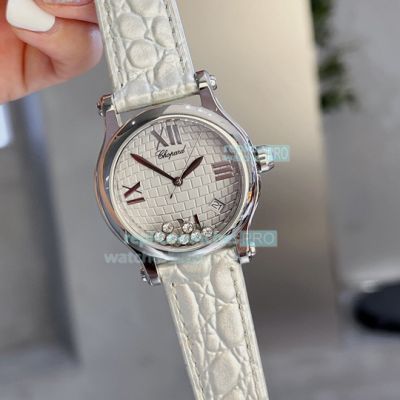 Replica Chopard Happy Sport Ladies Floating Diamonds Watch Silver Case White Dial 